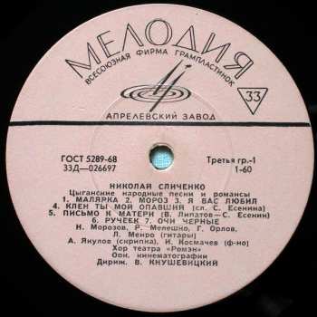 LP نيسم جلال: Поет Николай Сличенко. Цыганские Народные Песни И Романсы