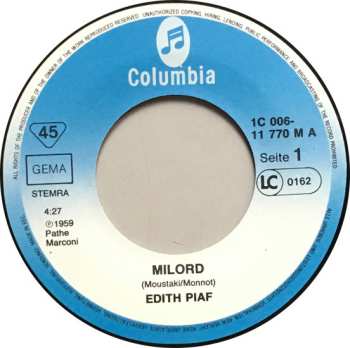 SP Edith Piaf: Milord / Non Je Ne Regrette Rien