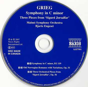 CD Edvard Grieg: Symphony In C Minor - Three Pieces Form 'Sigurd Jorsalfar'