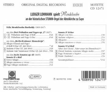 CD Felix Mendelssohn-Bartholdy: Ludger Lohmann Spielt Mendelssohn An Der Historischen Stumm-Orgel Der Abteikirche Zu Sayn
