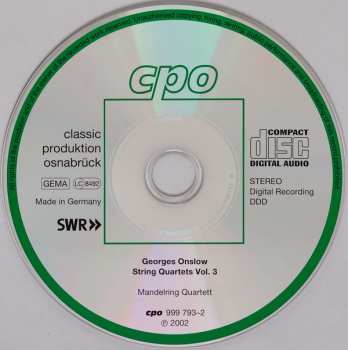 CD George Onslow: String Quartets Vol.3