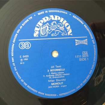LP Jiří Teml: 3 Ritornelli / Monolit / Rapsodia Eroica / Mutationes Per Organo Grande E Piccolo