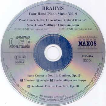 CD Johannes Brahms: Four Hand Piano Music Vol. 9 - Piano Concerto No. 1 · Academic Festival Overture