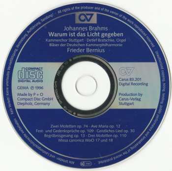 CD Johannes Brahms: Warum Ist Das Licht Gegeben - Musica Sacra