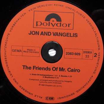 LP Jon & Vangelis: The Friends Of Mr. Cairo