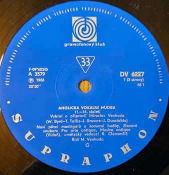 LP Noví Pěvci Madrigalů A Komorní Hudby: Anglická Vokální Hudba XI.-XVI. Století