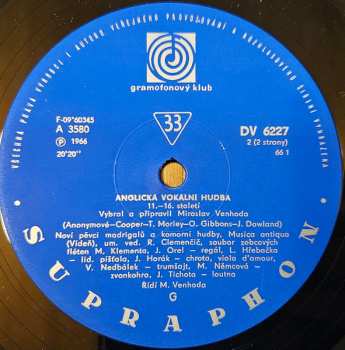 LP Noví Pěvci Madrigalů A Komorní Hudby: Anglická Vokální Hudba XI.-XVI. Století