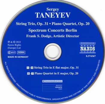 CD Sergey Ivanovich Taneyev: String Trio, Op. 31 • Piano Quartet, Op. 20