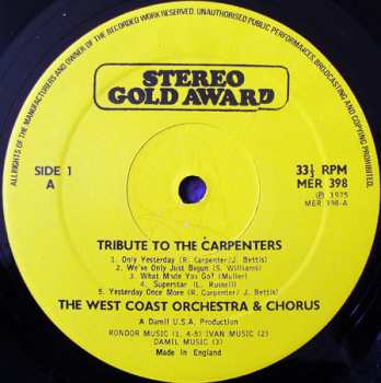 LP The West Coast Orchestra And Chorus: Tribute To The Carpenters