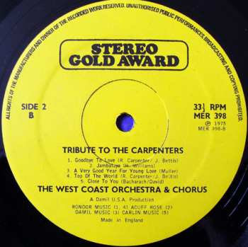 LP The West Coast Orchestra And Chorus: Tribute To The Carpenters