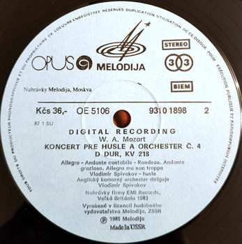 LP Wolfgang Amadeus Mozart: Koncerty Pre Husle A Orchester Č. 1 B Dur KV 207 / Č. 4  D Dur KV 218